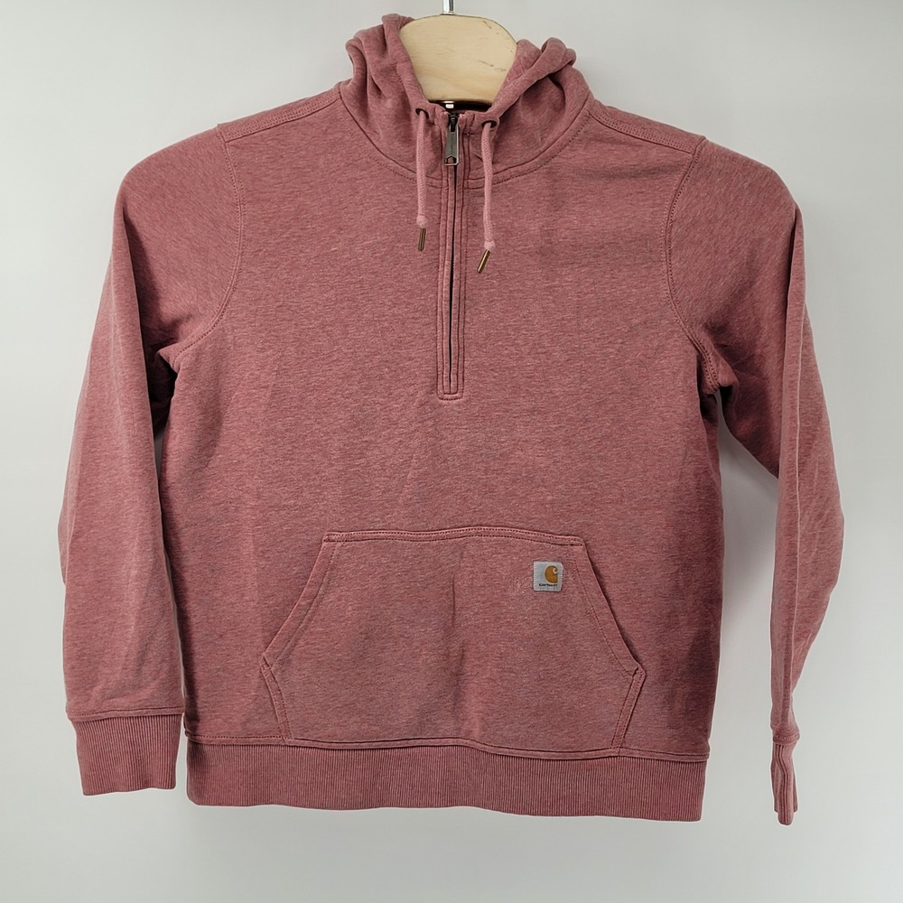 Carhartt 1/4 Zip Hoodie Girls Large 12/14 Pink Heathered Relaxed Fit 103240 953